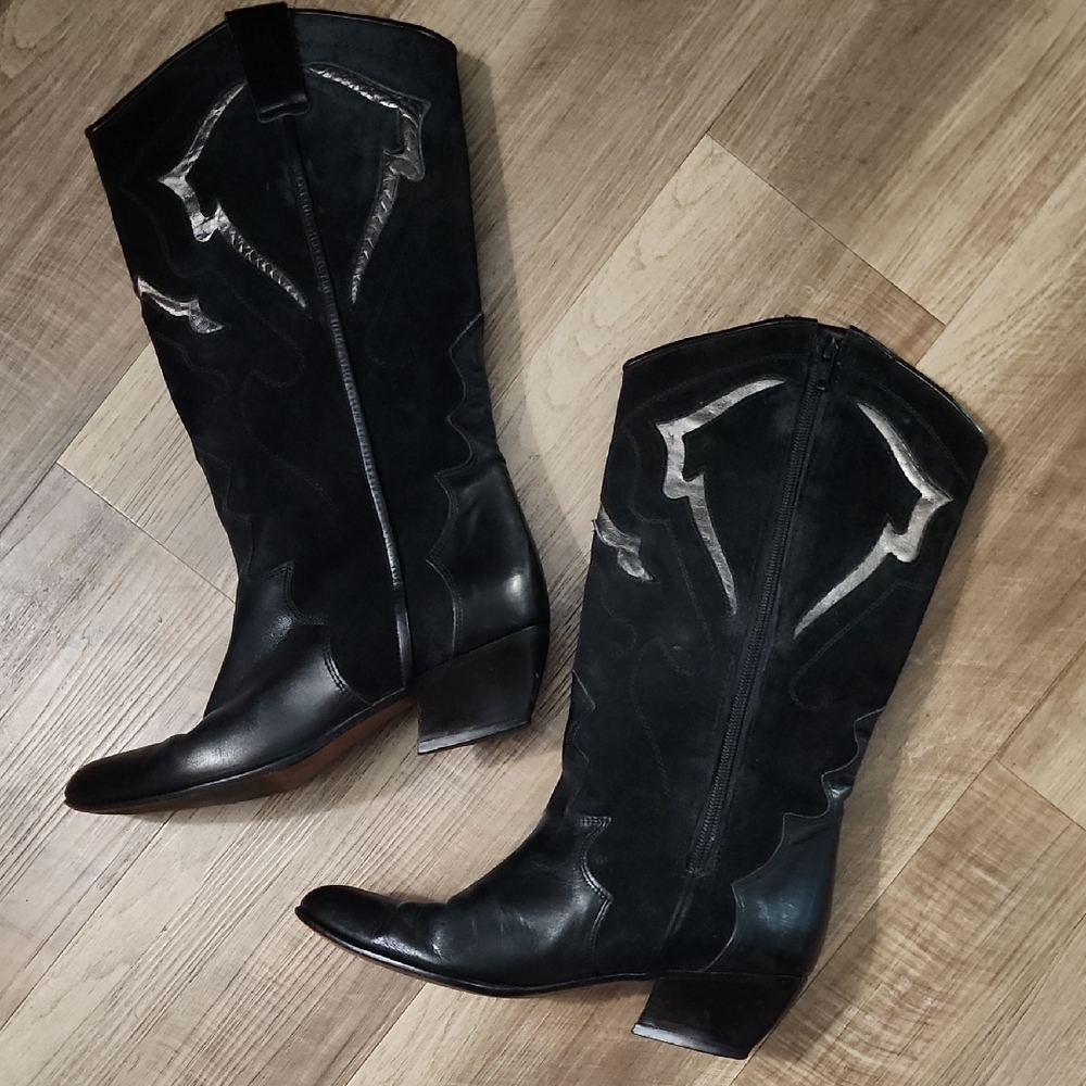 Sesto Meucci Vintage Suede Leather Blend Black and Silver Heeled Boots
